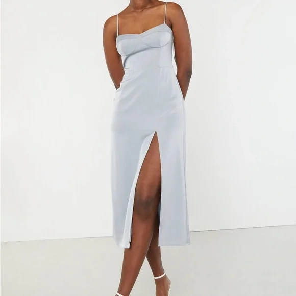 Elegant Light Blue Satin Slip Dress - Picture 4 of 11